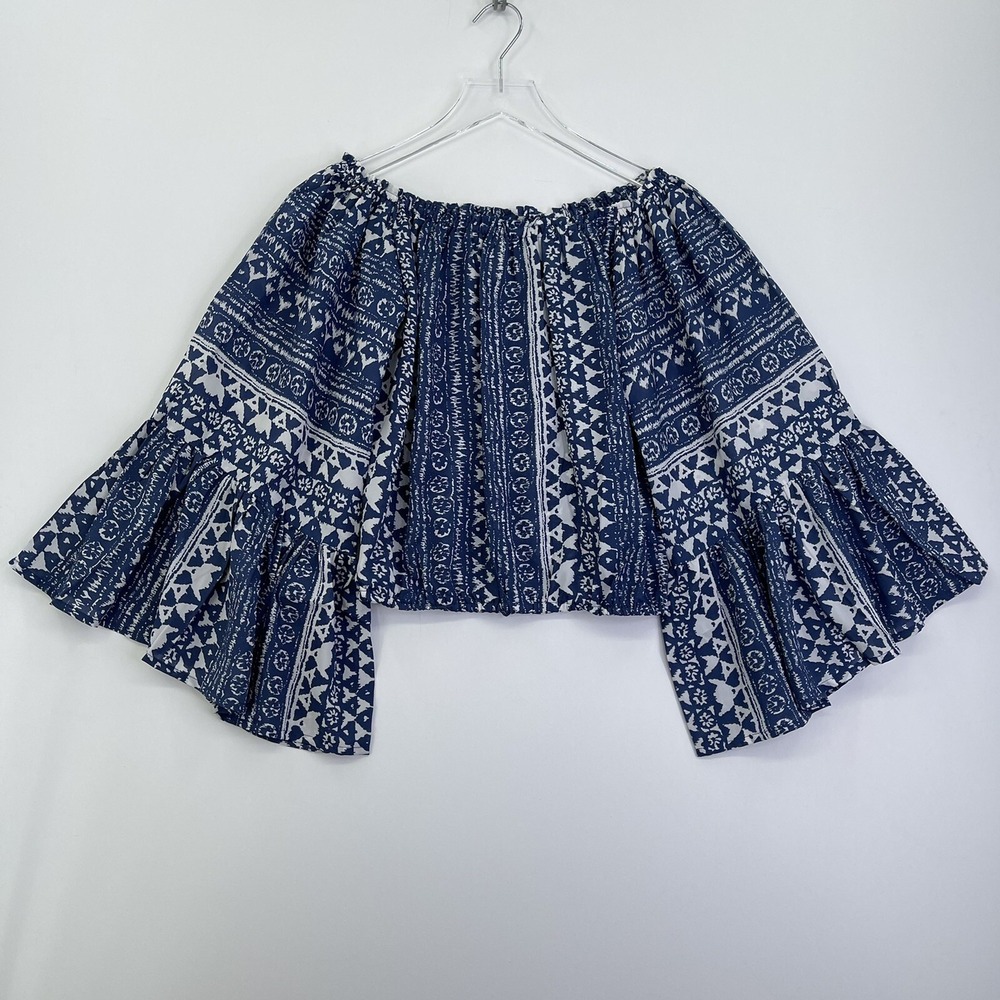 Elan Blouse Womens Top Small Blue White Off The Shoulder Bell Sleeve Shirt